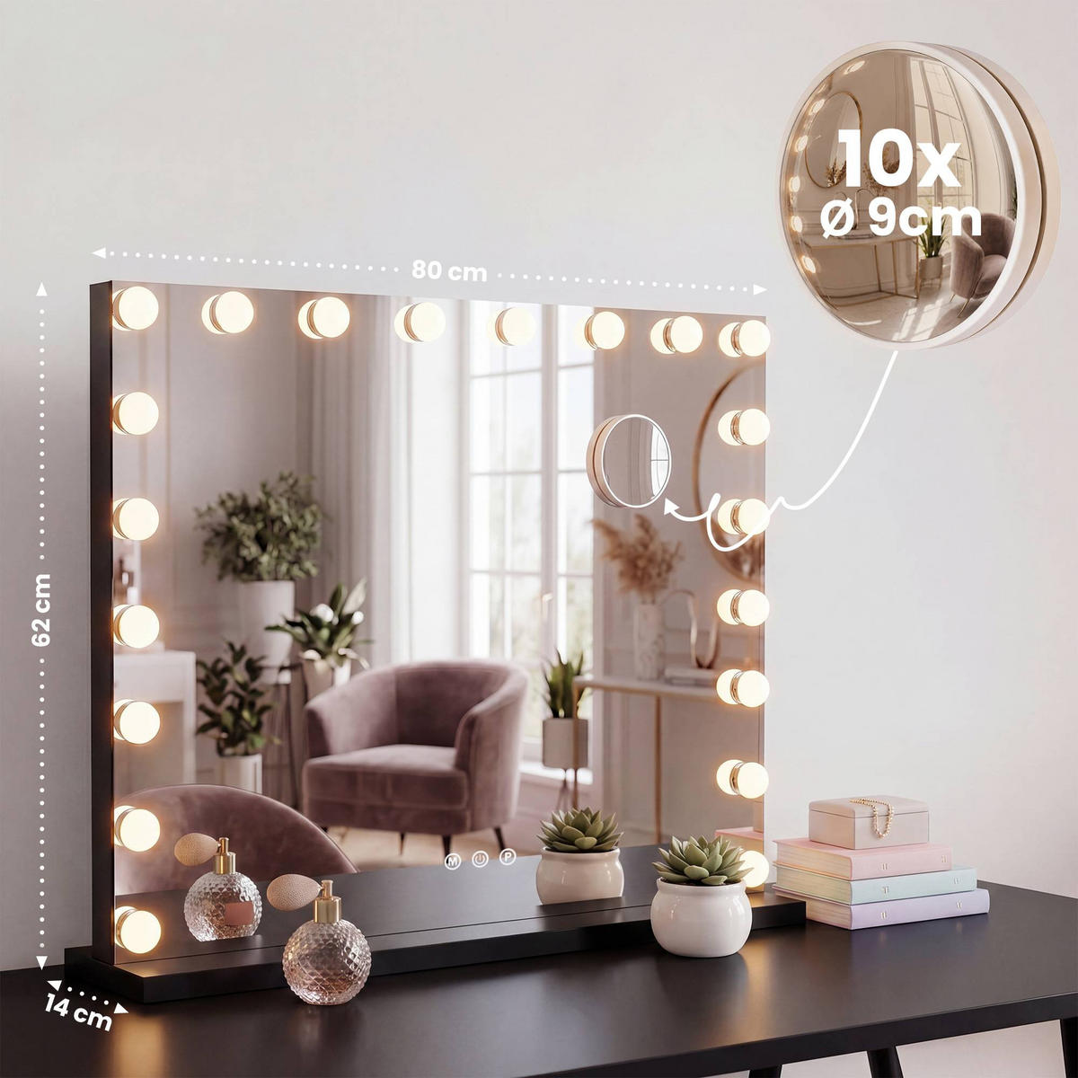 SCHMINKSPIEGEL Dora Licht 80x3x62cm Holz Schwarz Hollywood - Schwarz, Holz (80/62/14cm) - DELUKE