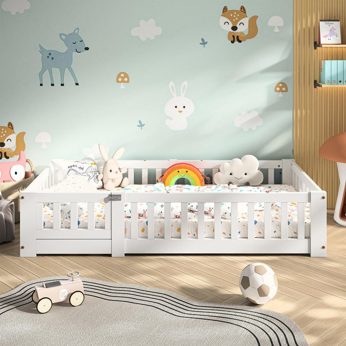 KINDERBETT 90x190 Bodenbett mit Rausfallschutz, Montessori Bett aus Massivholz - Weiß, Holz/Metall (80/160cm) - PARAFTA HOME