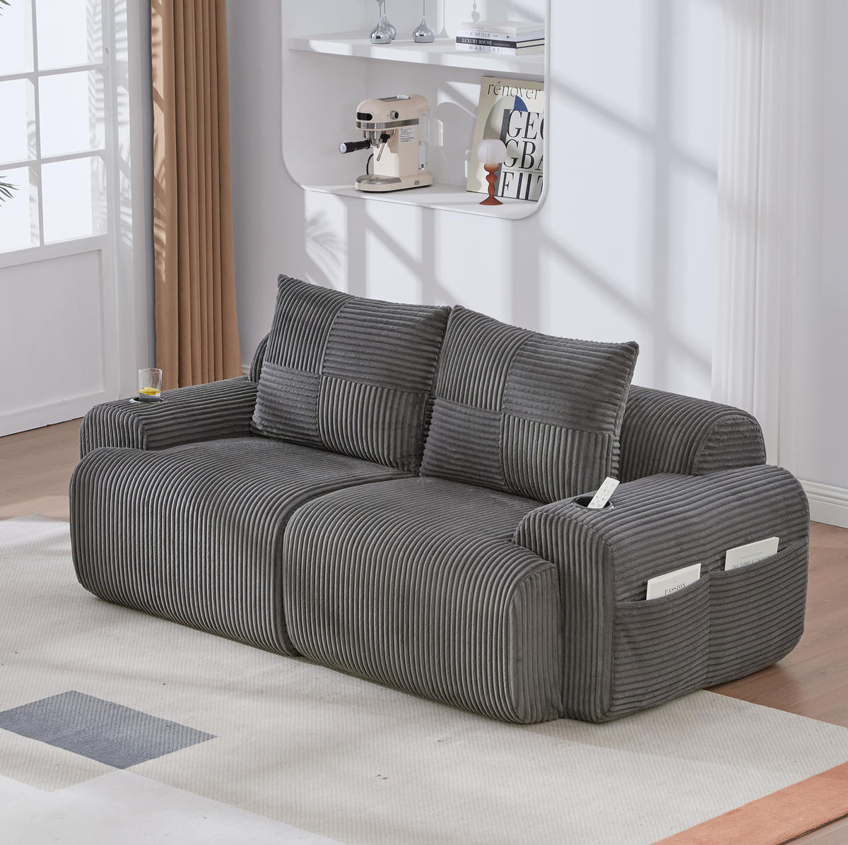 SOFA od samta, 200/99/80 cm tamnosiva, dvosjed s držačem za piće i bočnim džepom - tamno siva, tekstil (100/80/200cm) - BEAOK