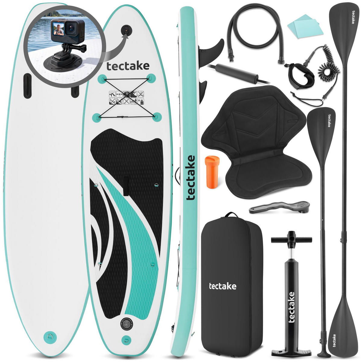 STAND-UP PADDLE BOARD Zenon, Belastbarkeit 200 kg, inklusive Kajak-Sitz, weiß/türkis - Weiß, Kunststoff (288/77/0.23cm) - tectake