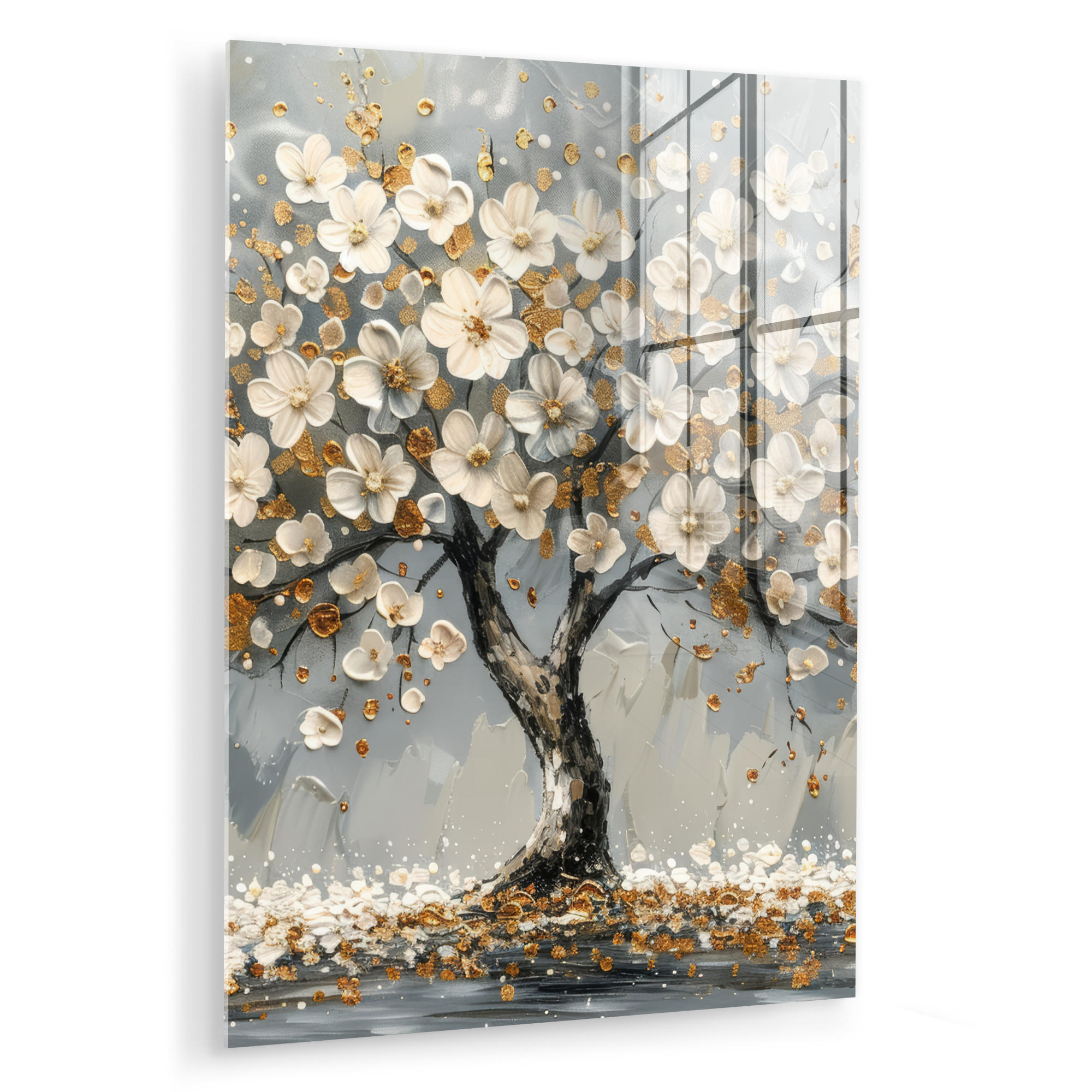 ACRYLGLASBILD Baum - Blumen - Weiß - Natur - Kunst 60x80 cm - Weiß, Glas (60/80cm) - MuchoWow