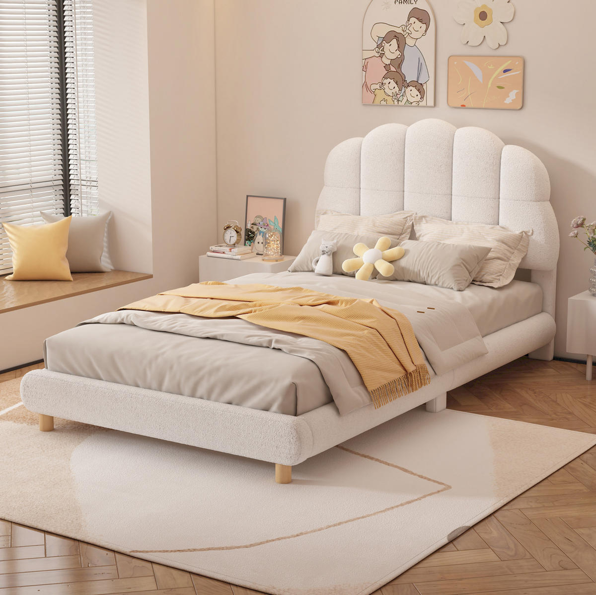 KINDERBETT aus Plüsch und MDF 90x200 cm Weiß mit blumenförmigem Kopfteil und Lattenrost - Weiß, Textil (90/200cm) - Modfu