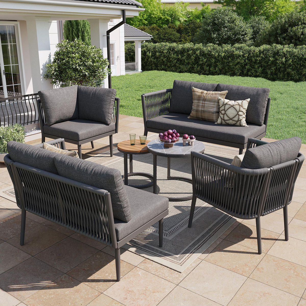 LOUNGESET Modular 5-6 Personen Grau 6-tlg. PE-Rattan - Grau, Metall - FLIEKS
