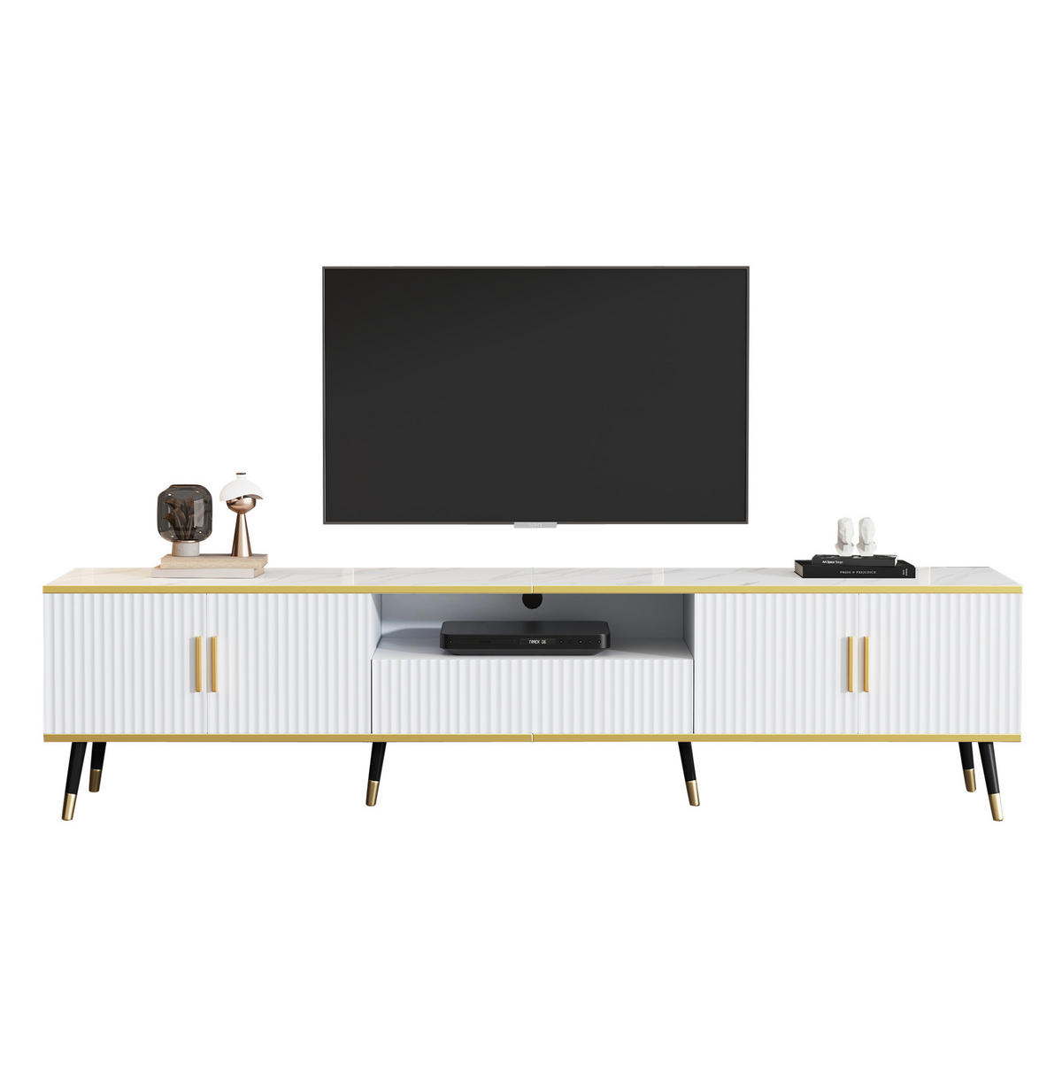 TV-BOARD aus Spanplatte 200x40x46 cm Weiß mit Kabelführung, 2 Türen, 1 Schublade und Marmoroptik - Weiß, Holzwerkstoff (200/46/40cm) - Modfu