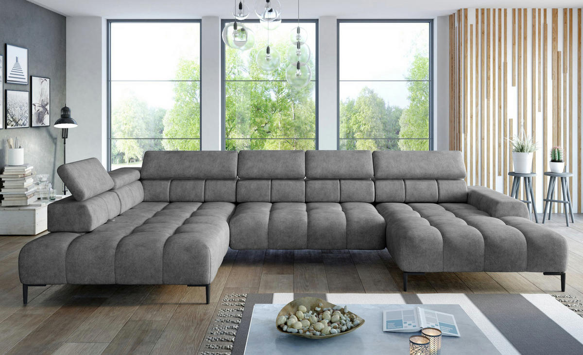ECKSOFA PLAZA XL U-förmig, modern, mit verstellbarer Kopfstütze, Schlafmöglichkeiten, freistehend, LINKS 177x385x99 cm Grey - Grau, Holz/Textil (177/385cm) - DomoHome