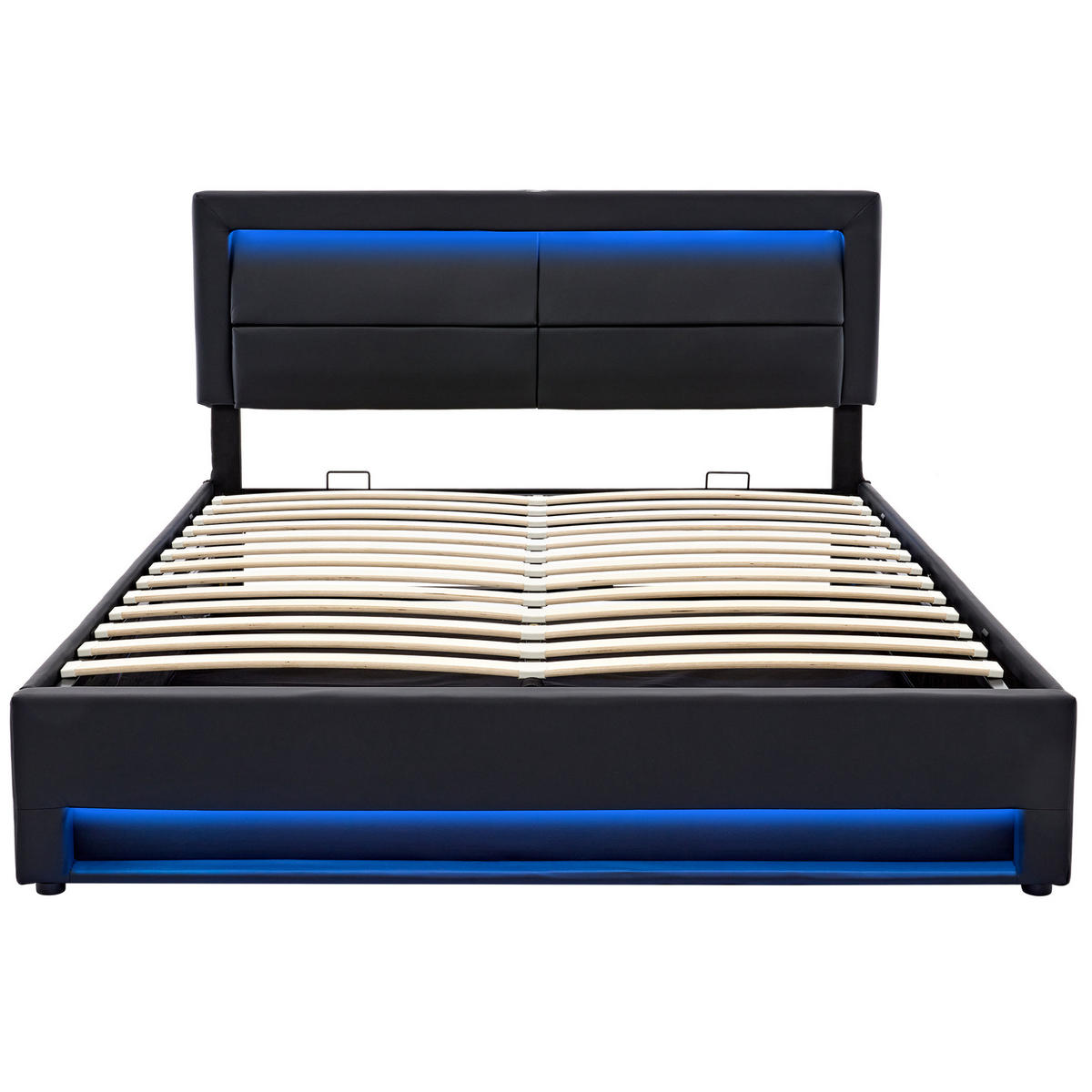 POLSTERBETT 140/190 cm mit USB-Ladefunktion, LED-Beleuchtung und Bettkasten aus PU, Schwarz - Schwarz, Leder (140/190cm) - Redom