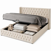 POLSTERBETT 140/200 mit hydraulischem Bettkasten, Chesterfield-Kopfteil und Nieten in Beige - Beige, Holzwerkstoff/Textil (140/200cm) - EVRYAE