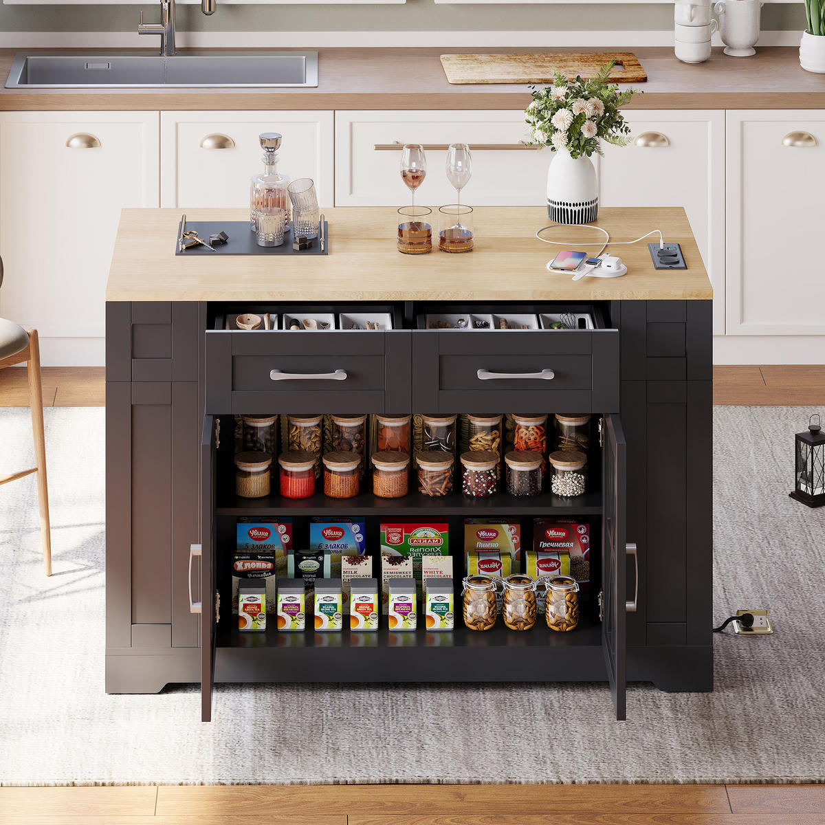 KÜCHENINSEL 120/40(65)/92 cm Schwarz mit Klappbarem Esstisch, 2 Steckdosen, USB, 2 Schubladen und Offenen Regalen - Schwarz, Holz/Holzwerkstoff (120/92/65cm) - Oxeza