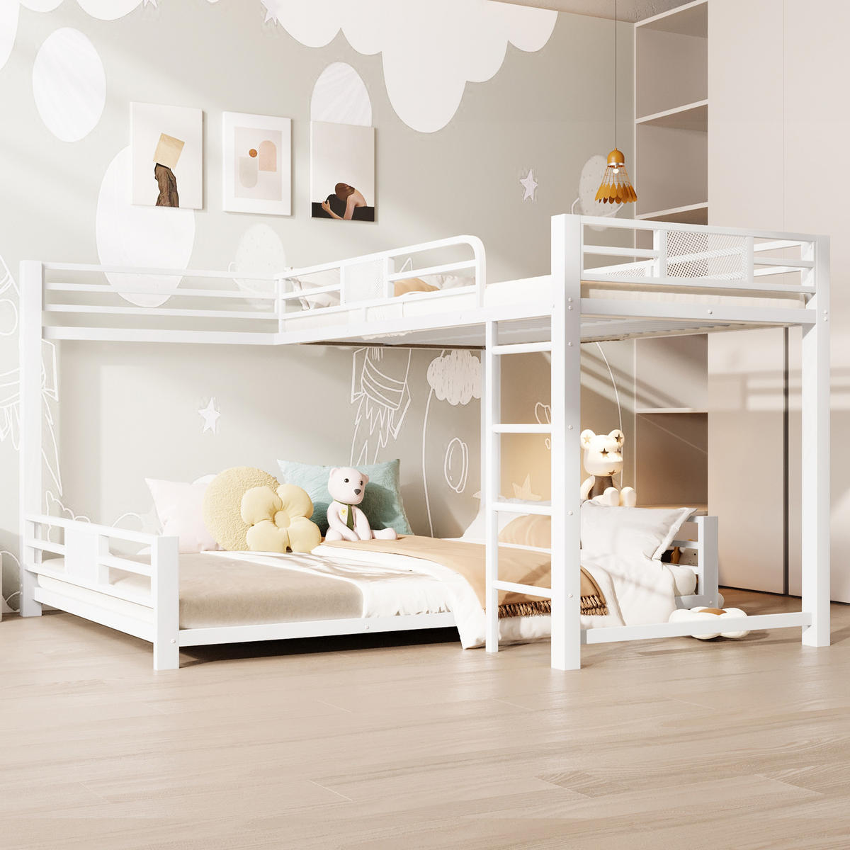 ETAGENBETT 90/200 cm & 140/200 cm in Weiß L-Form mit Schutzgittern - Weiß, Metall (90/200cm) - CHICFURN