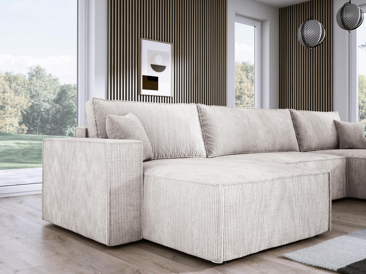 ECKSOFA Poso XXL U-förm, Schlaffunktion, weiche Kissen, Bettkasten, hochwertige Polsterung, lose Rückenkissen, freistehend, 377x143x83 cm White - Weiß, Holz/Textil (377/83/143cm) - DomoHome