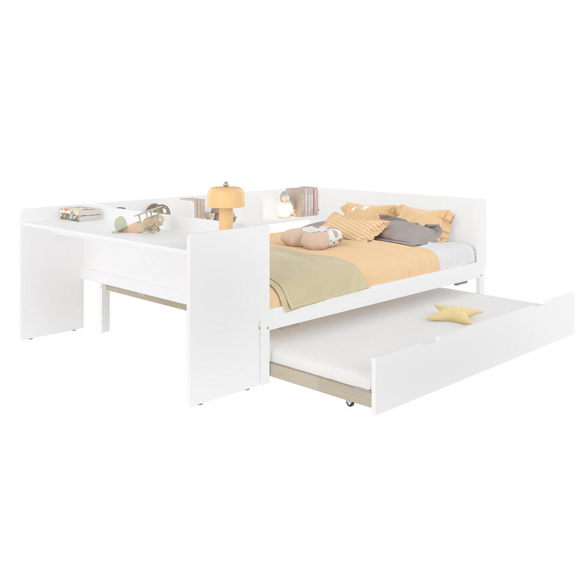KINDERBETT aus Kiefernholz 140x200 cm Weiß mit Schreibtisch, Rollbett und Regalen - Weiß, Holzwerkstoff (140/200cm) - Modfu