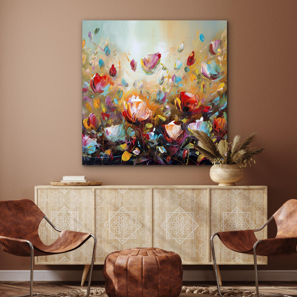 KOVOVÝ OBRAZ Kvety - Umenie - Príroda - Olejomaľba 90x90 cm - viacfarebná, kov (90/90cm) - MuchoWow