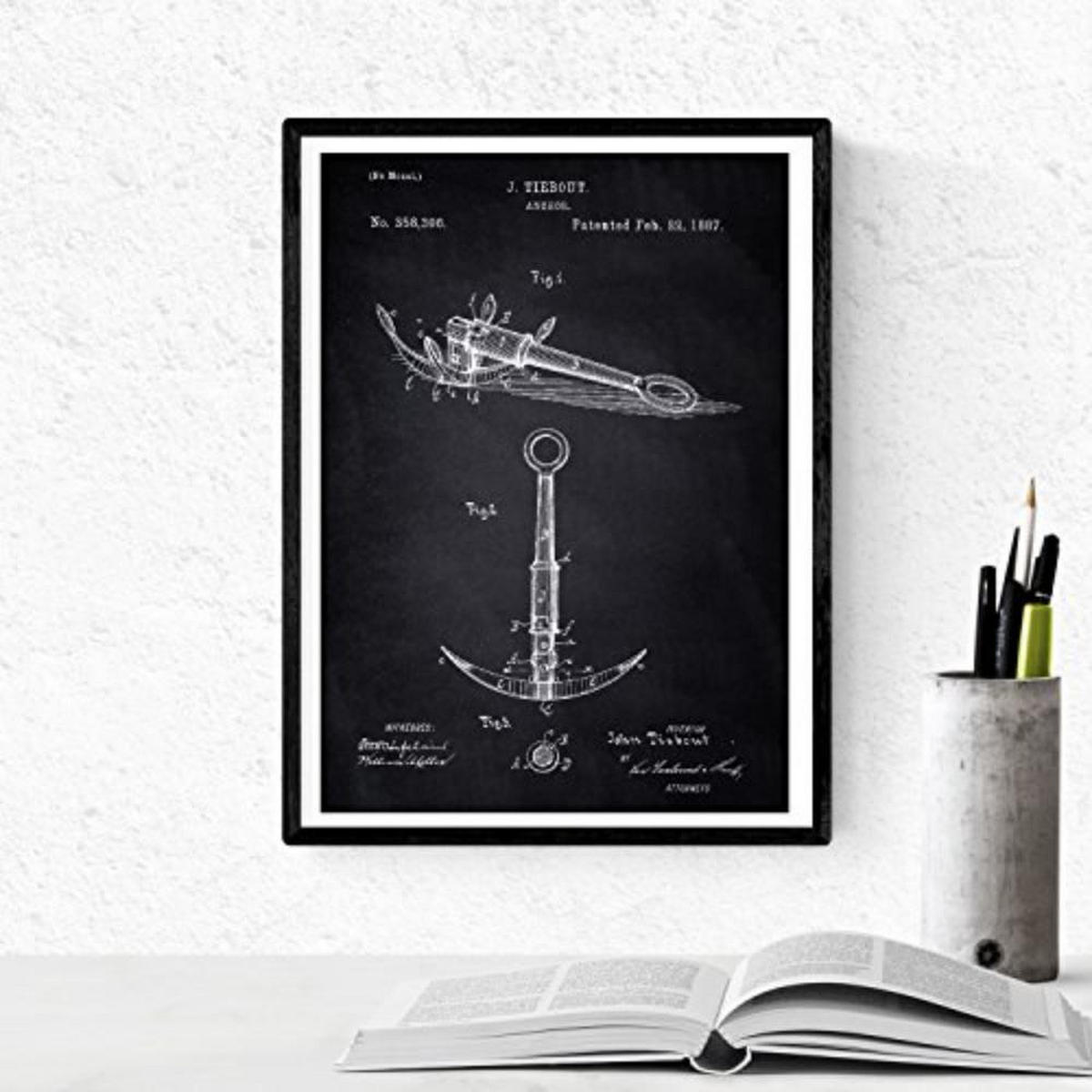 POSTER Set mit 4 Schwarz Patenten Booten A4 Schwarzer Rahmen - Schwarz, Papier (29.7/3cm) - Nacnic