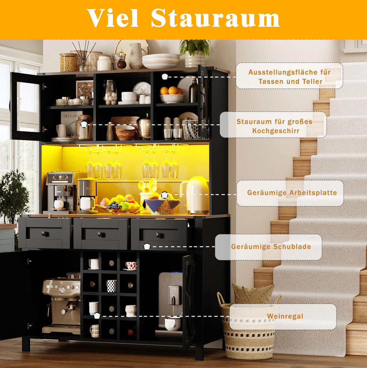 BUFFETSCHRANK 120/40/170 cm mit LED-Beleuchtung, Steckdosenleiste, USB und Weinregal aus MDF und Glas, Schwarz - Schwarz, Holzwerkstoff (120/170/40cm) - Redom