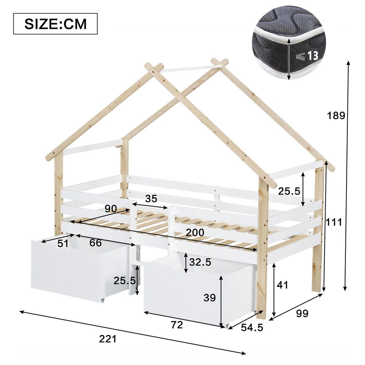 HAUSBETT 90/200 cm mit Dach und Stauraum in Weiß und Natur aus Kiefer + MDF - Weiß, Holzwerkstoff (90/200cm) - OKWISH