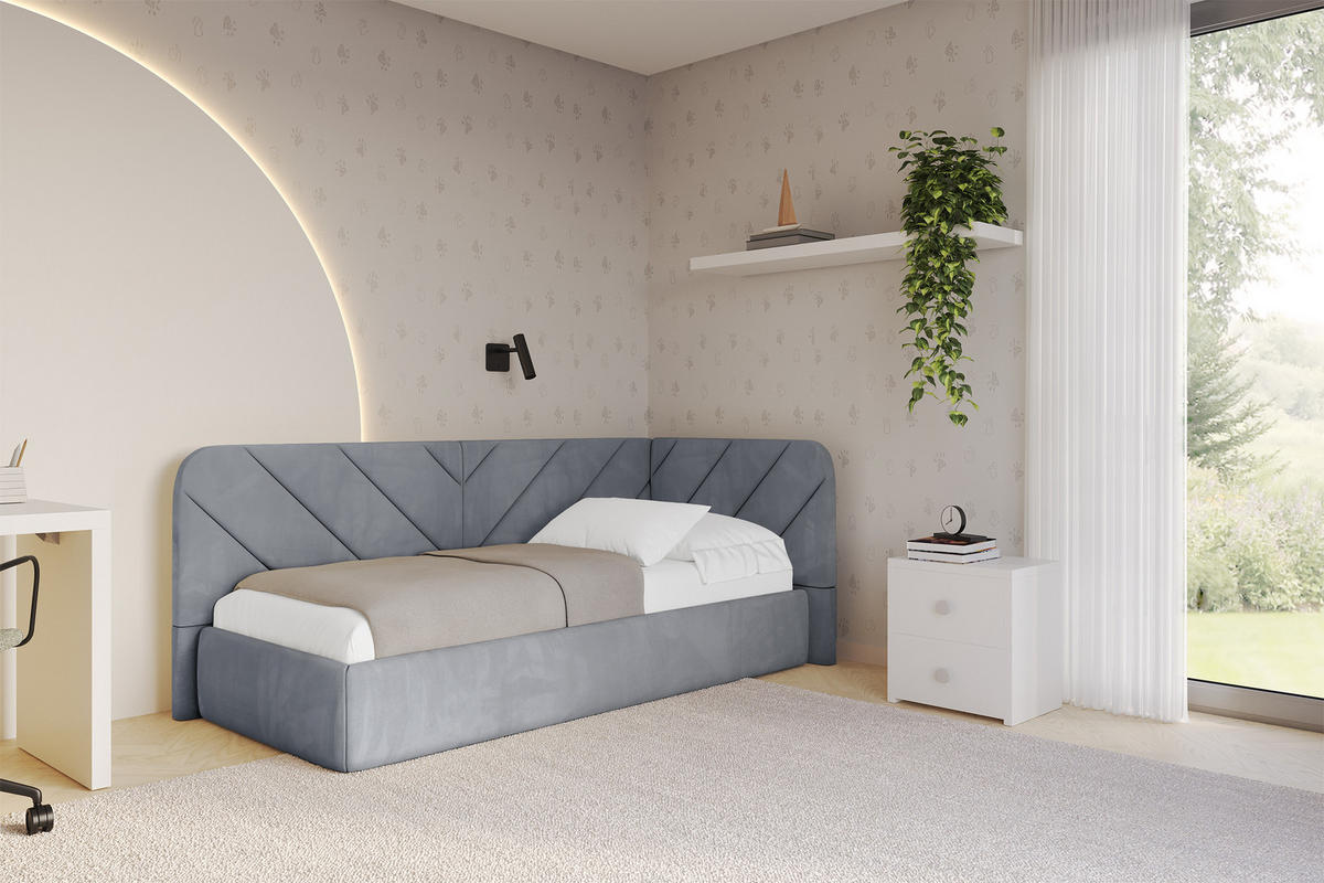 EINZELLBETT Jugendbett mit Bettkasten und Matratze H3/H4, Links - FIKY 90x200 Grau - Grau, Holzwerkstoff/Textil (90/200cm) - ALTDECOR
