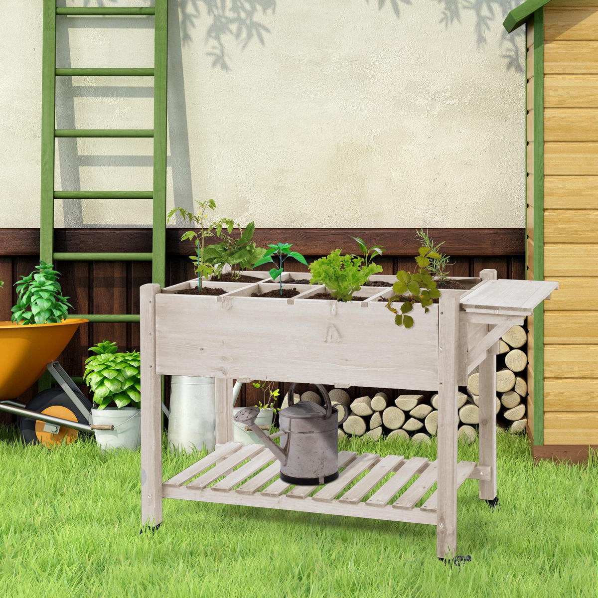 HOCHBEET DE-15989 rollbar mit klappbarem Seitentisch Naturholz - Naturfarben, Holzwerkstoff (123/87/54cm) - ComfortXL