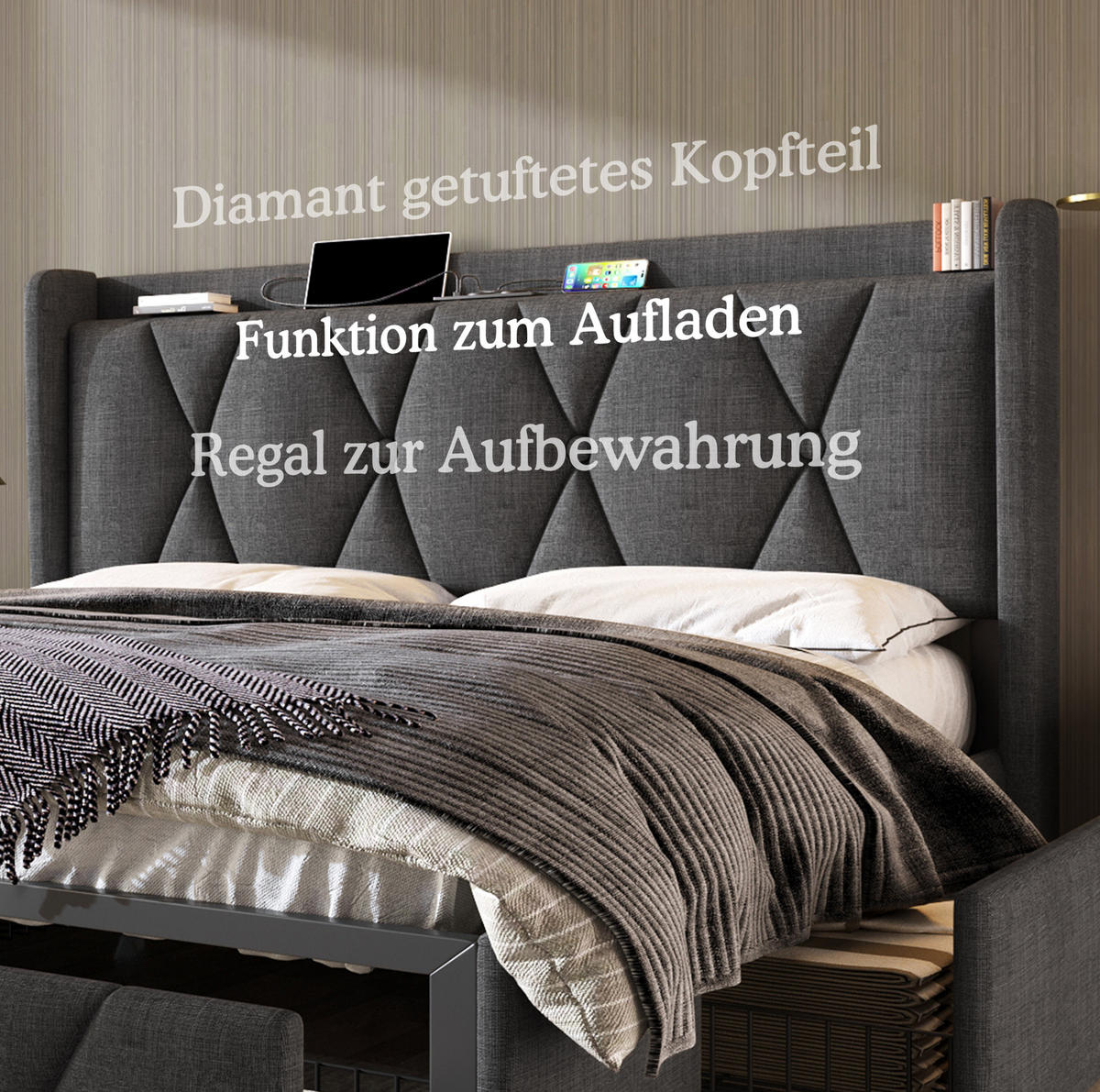 POLSTERBETT 140/200 cm Grau aus Leinen mit 4 Schubladen - Grau, Textil (140/200cm) - OKMYHOME