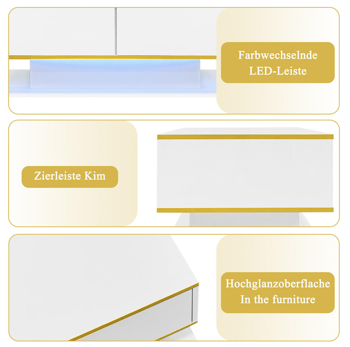 KONFERENČNÍ stolek z dřevotřísky, 100/50/40 cm bílá/zlatá, s LED osvětlením a 3 zásuvkami - bílá, kompozitní dřevo (100/50/40cm) - BEAOK