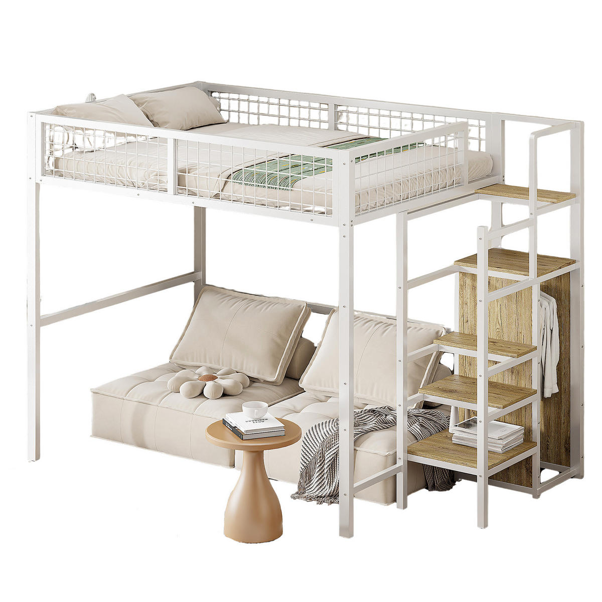 HOCHBETT 140/200 cm Weiß mit Sicherheitsleiter und Kleiderschrank mit Matratze - Weiß, Metall (140/200cm) - OKWISH