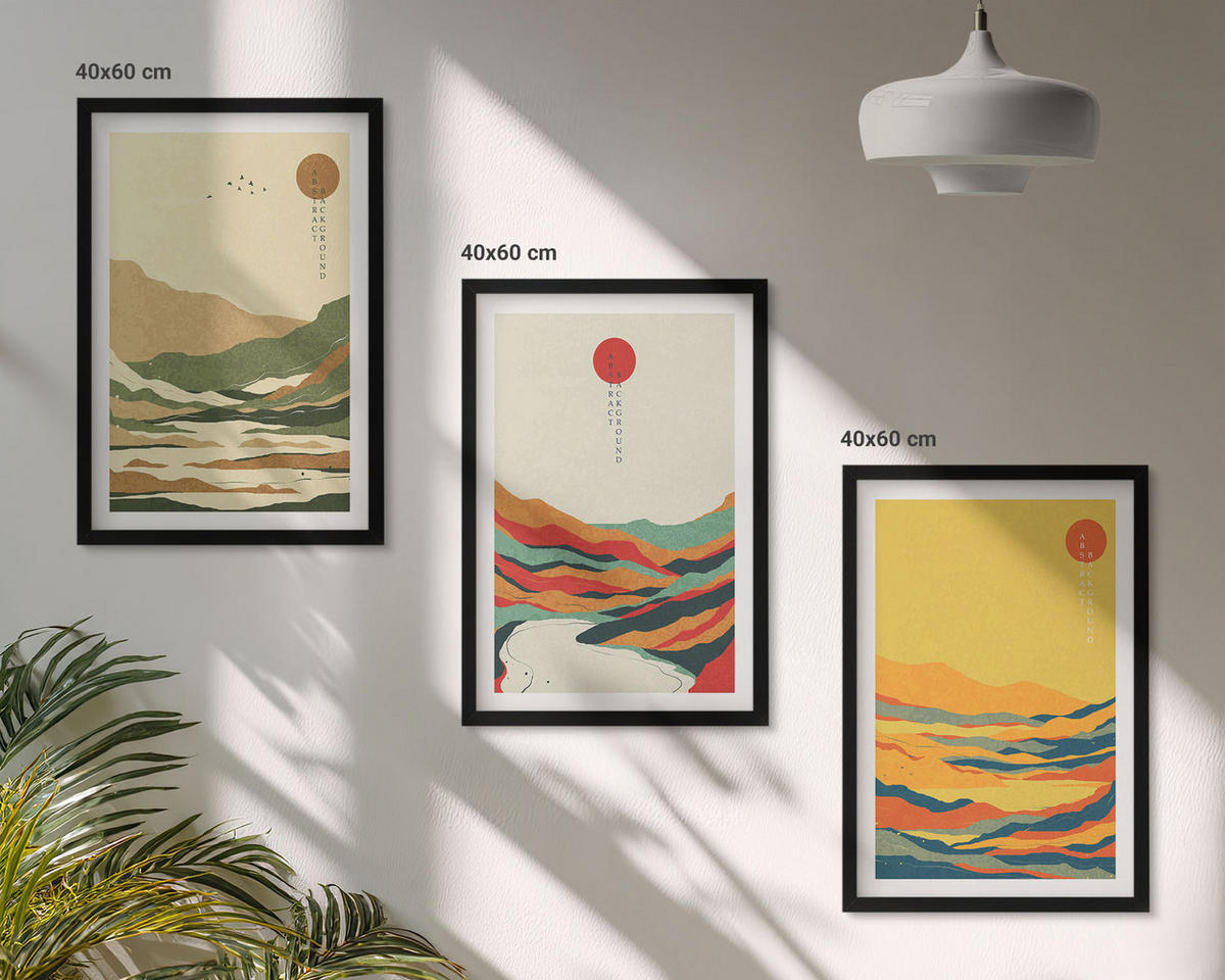 BILDER SET 3er Set - 40x60 cm Schwarzer Rahmen - Farbenfrohe Muster der Japandi-Flussberge - Schwarz, Kunststoff (40/60cm) - TULUP