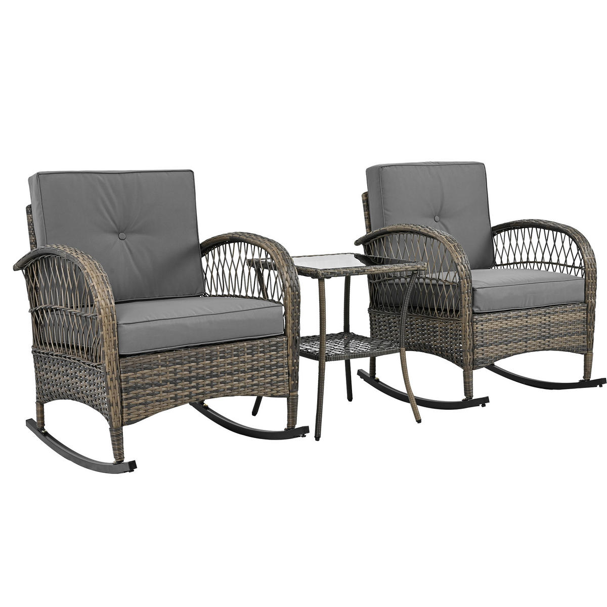 BALKONSET 49/49/61 cm grau aus Rattan und Metall mit 2 Schaukelstühlen - Grau, Metall (49/61/49cm) - OKWISH