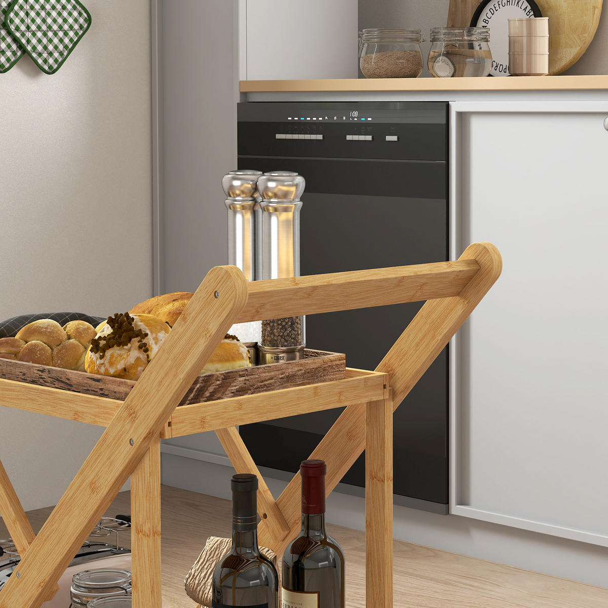 KÜCHENWAGEN DE-10458 mit Weinregalen & klappbar Hellbraun - Naturfarben, Naturmaterialien (40/70/66cm) - ComfortXL