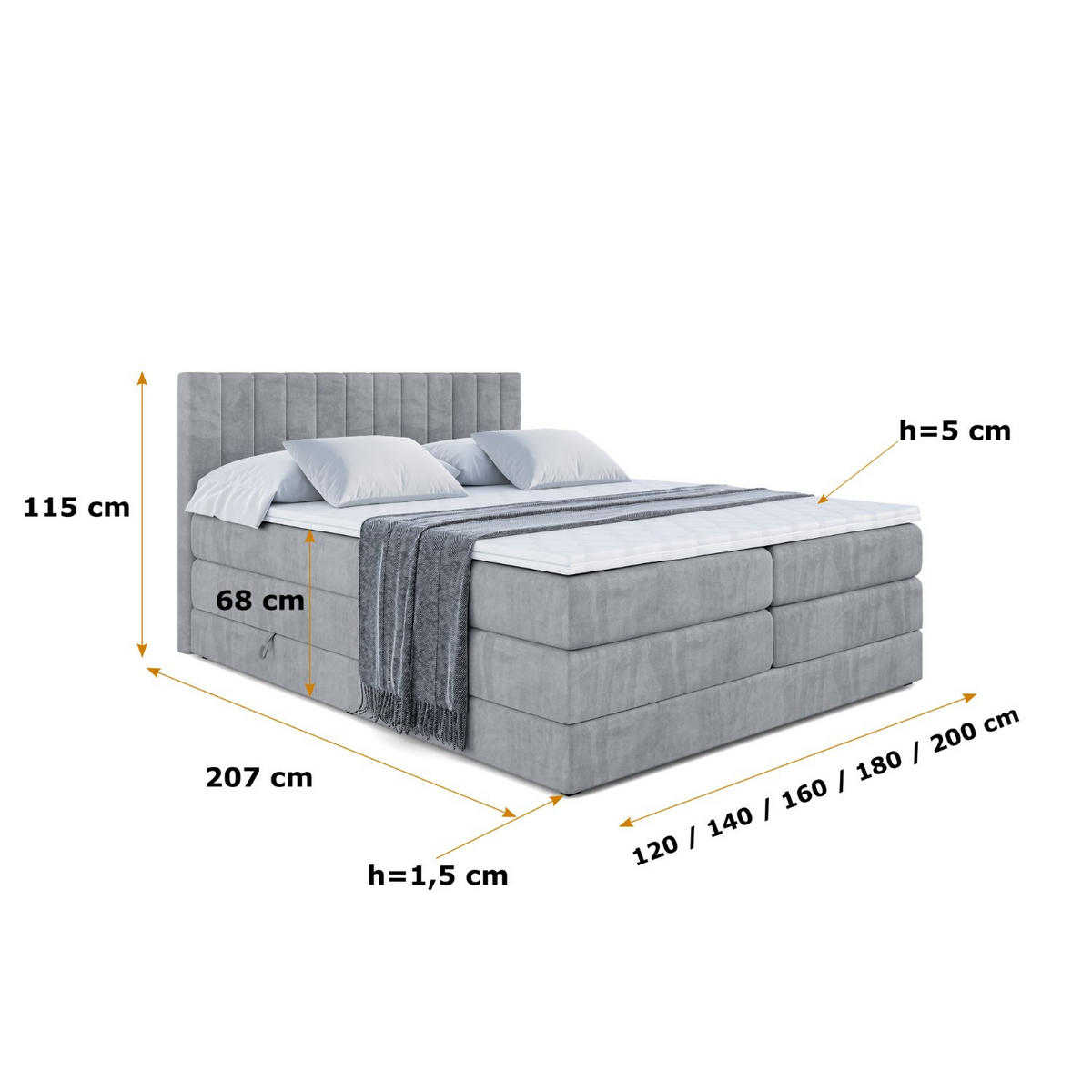 BOXSPRINGBETT EDITA KING - 180x200 - H3/H4 - Grau - Grau, Holzwerkstoff (180/200cm) - ALTDECOR