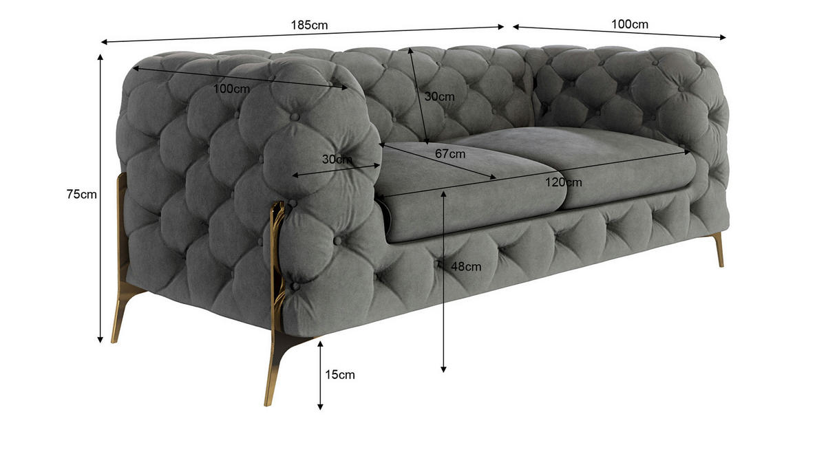 SITZGARNITUR 3+2+1 Chesterfield Lexi Grau Samt - Goldfarben/Grau, Holz/Textil (243/75/100cm) - S-Style Möbel