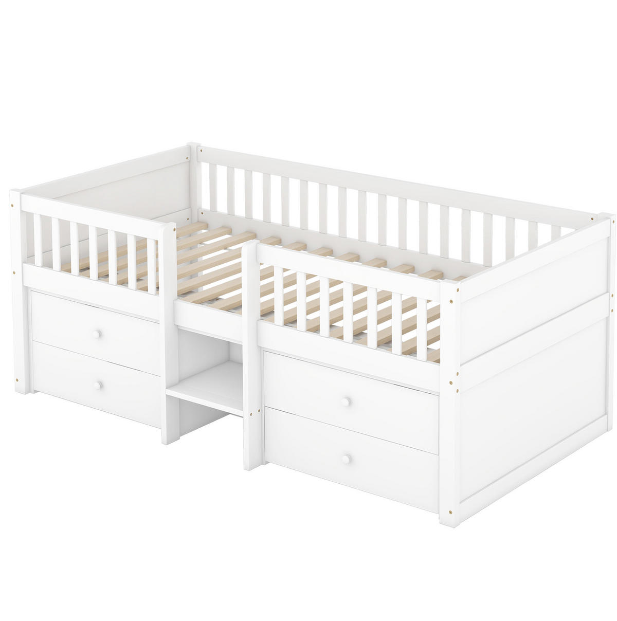 HALBHOHES Bett 90/200 cm mit 4 Schubladen, Sicherheitsgeländer und Leiter aus Kiefer , Weiß - Weiß, Holzwerkstoff (90/200cm) - Redom
