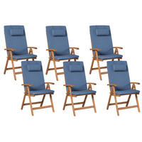 GARTENSTUHL 6er-Set und Sitzkissen Akazienholz Blau Java Premium - Hellbraun, Holz (54/105/69cm) - Beliani