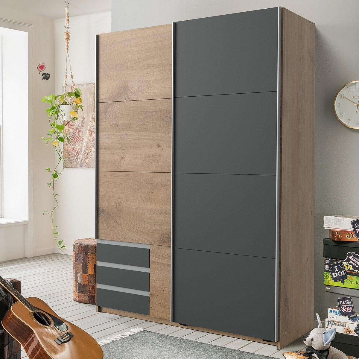 KLEIDERSCHRANK mit 2 Schiebetüren - L135 cm - Anthrazit, Holzwerkstoff (65/198/135cm) - Calicosy