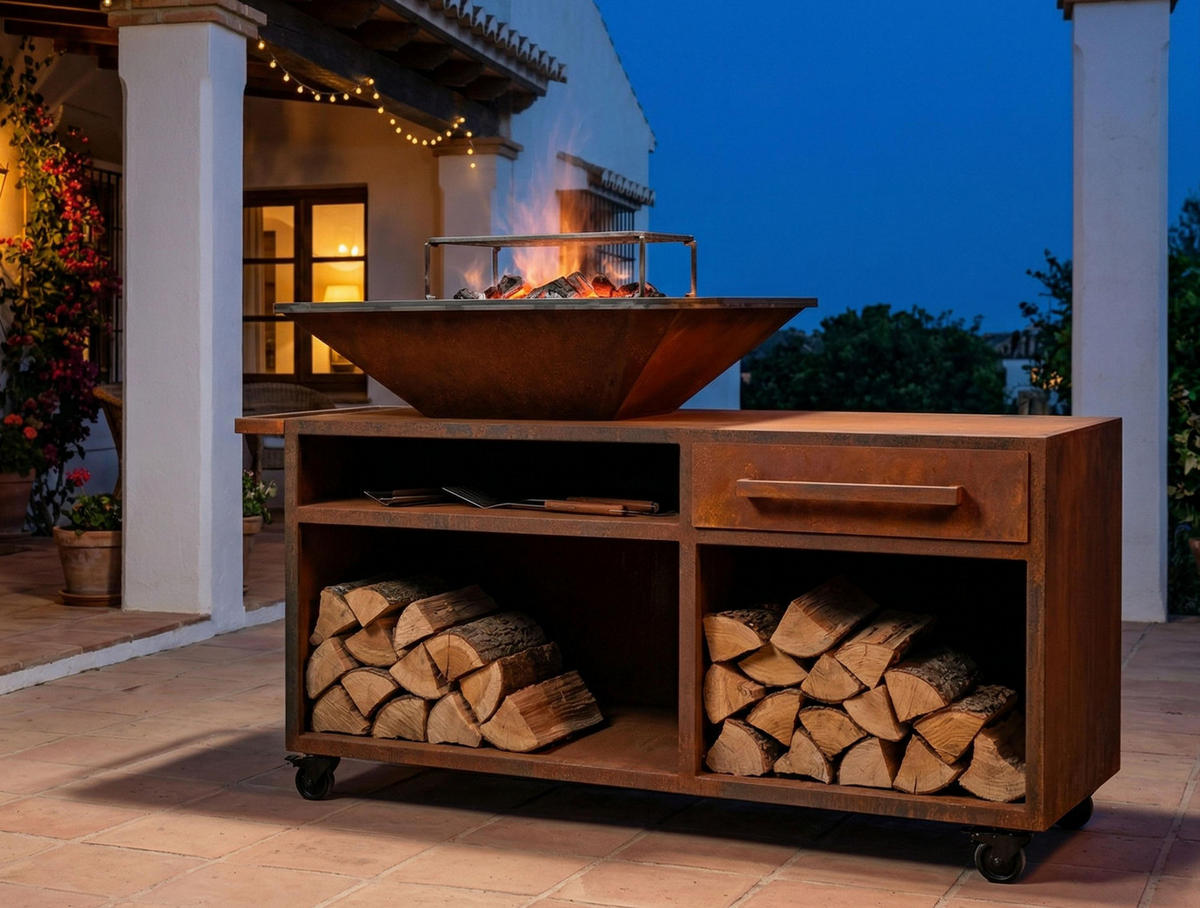 HOLZKOHLEGRILL Feuerschale Braun inkl. Schutzhülle - Braun, Metall (160/100/80cm) - Purline