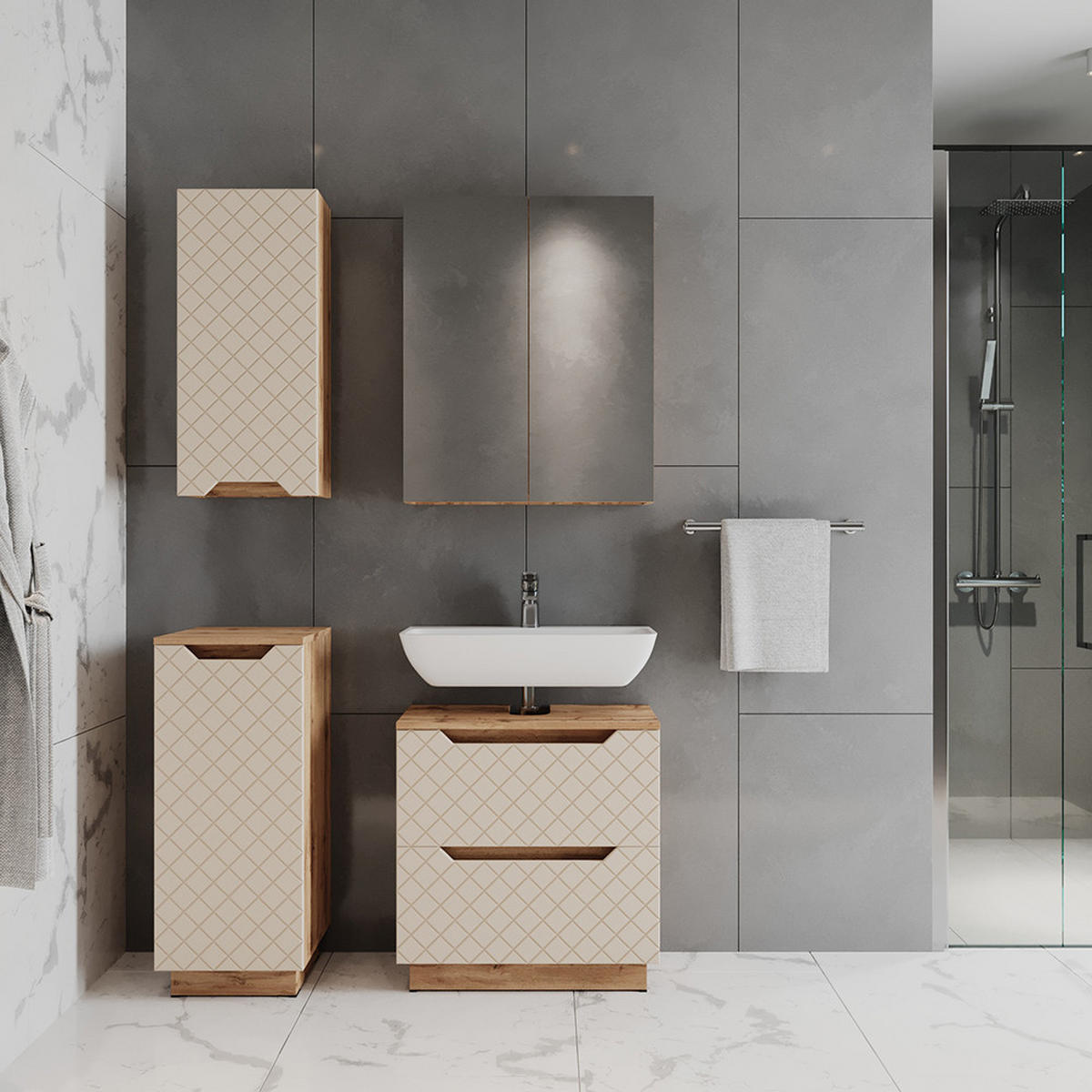 BADMÖBEL-SET Lotta Eiche/Kaschmir mit Kachelstruktur 4 Teile - Kaschmir/Eichefarben, Holzwerkstoff (59.8/62.5/32cm) - Vicco