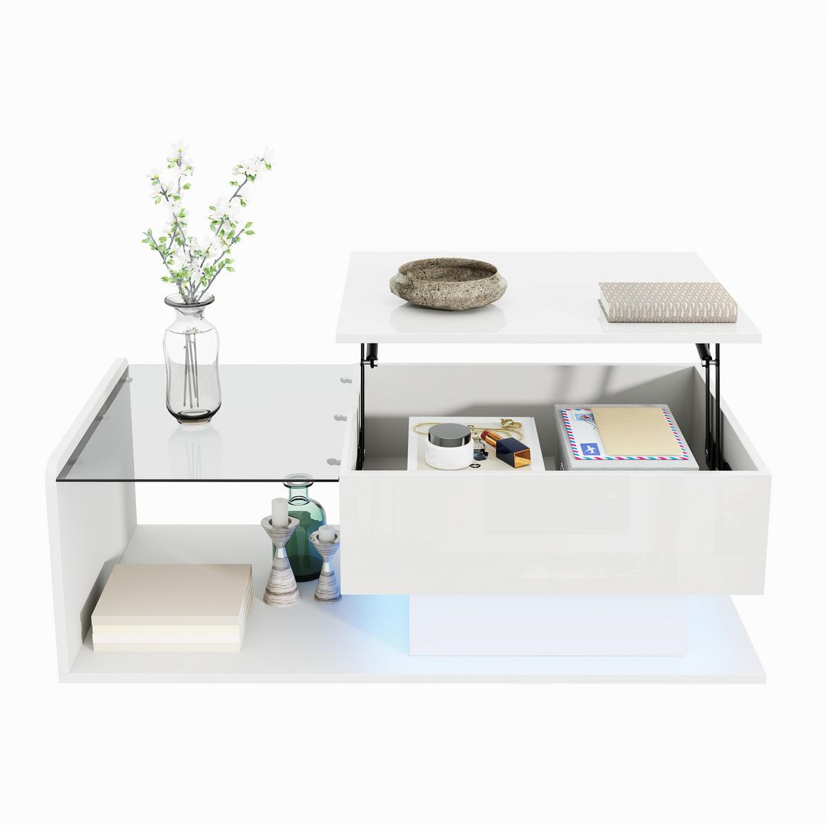 COUCHTISCH 100/50/47,5 cm höhenverstellbar mit LED-Beleuchtung, Glasplatte und Stauraum, Weiß - Weiß, Holzwerkstoff (100/50/47.5cm) - Redom