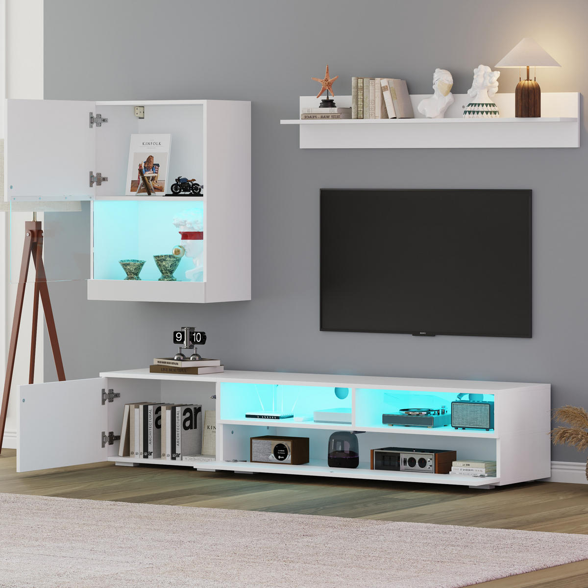 TV-ELEMENT3-TLG 175cm TV-Wohnwand-Set Weiß Hochglanz mit LED für TVs bis 80 Zoll - Weiß, Holz (64.64/13.46/84.71cm) - Raelunyi