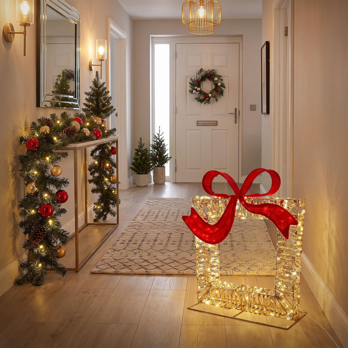LED VÁNOČNÍ DÁRKOVÁ KRABICE s mašlí, vánoční dekorace s časovačem, venkovní vánoční osvětlení, 500 LED diod, teplá bílá, 58 x 63 cm - zlatá, plast (58/63/21.5cm) - ECD-Germany