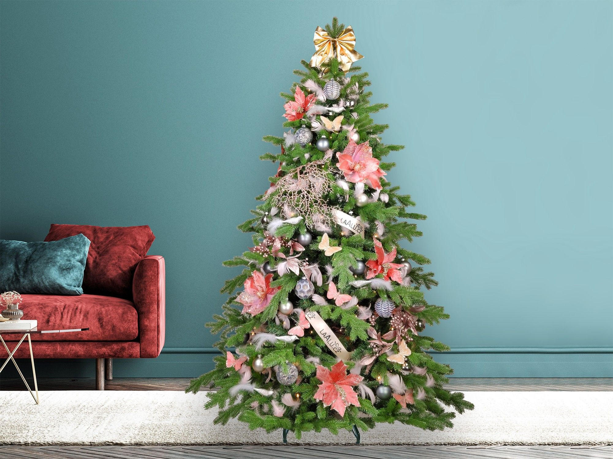 LAALU WEIHNACHTSBAUM geschmückt künstlich mit 89 Stk Kugeln NOBLESA 210 cm mit Metallständer - Creme/Braun, Kunststoff (210cm) - LAALU