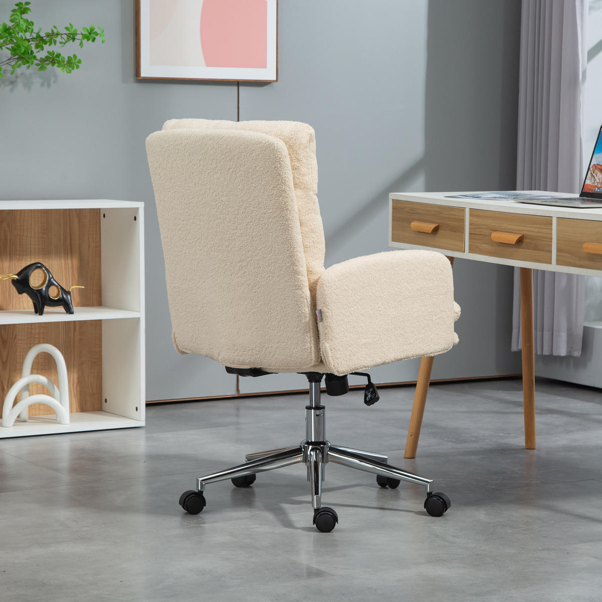 BÜROSTUHL Ergonomischer Schreibtischstuhl mit Armlehne, Lammwolle-Optik Creme - Creme, Kunststoff (58/99/67cm) - HOMCOM