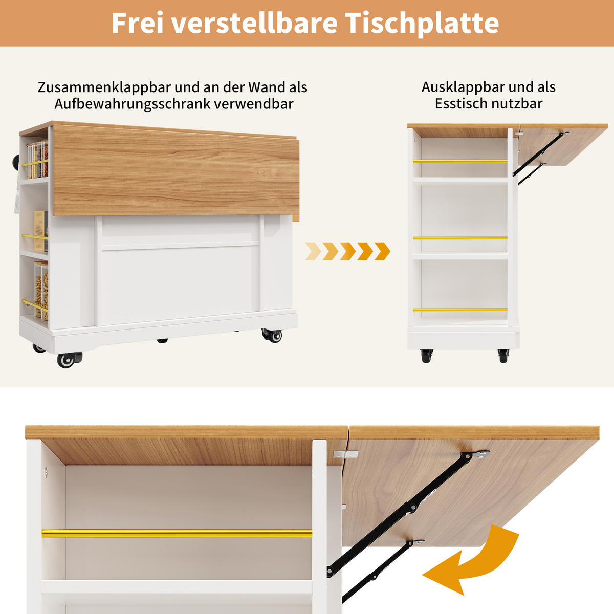 KÜCHENINSEL 120/65/90 cm Weiß mit Klappblatt, 2 Schubladen und Stauraum - Weiß, Holz/Holzwerkstoff (120/90/65cm) - Oxeza