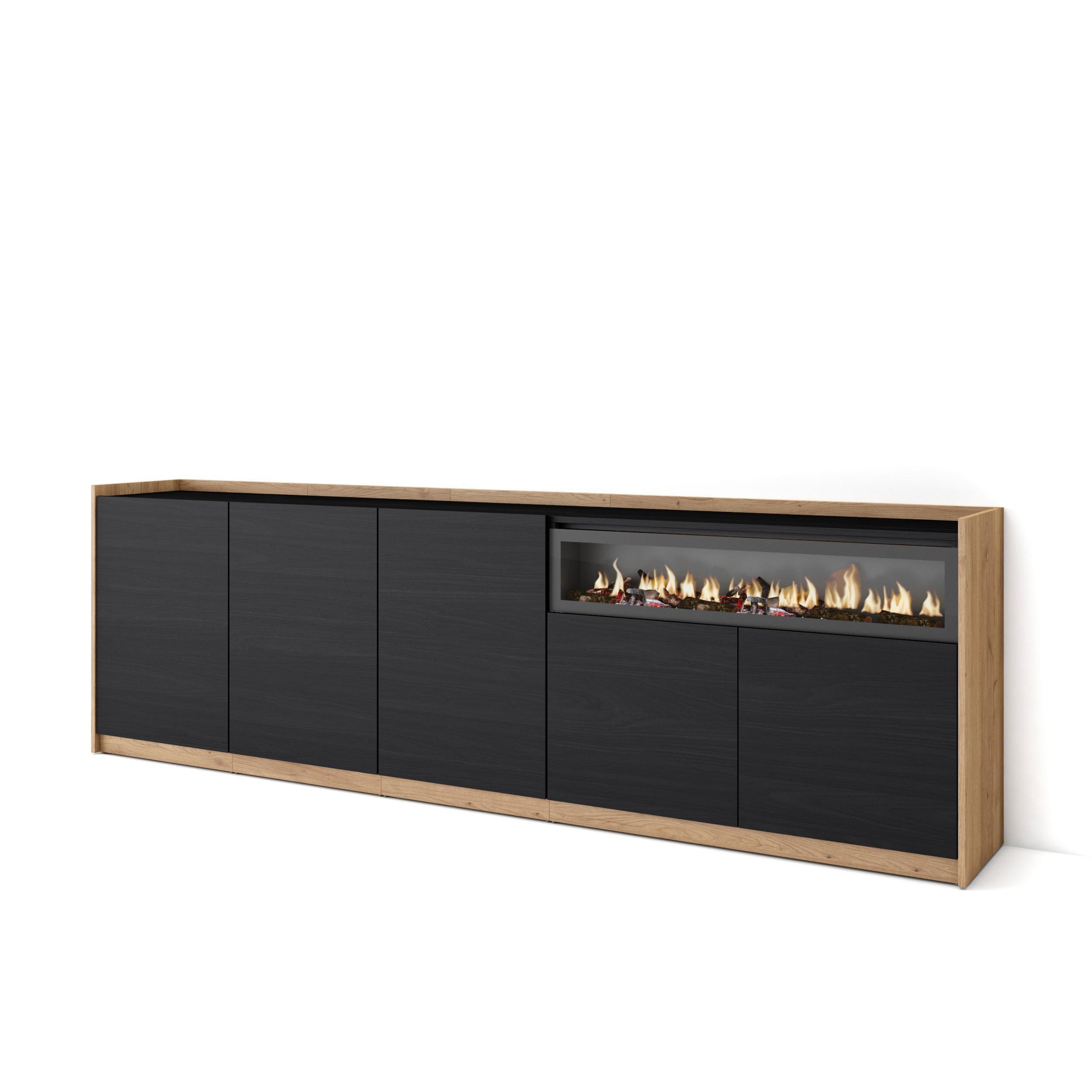 SIDEBOARD, Highboard, Schwarz Eiche, Elektrokamin, 260/37/80cm - Schwarz, Holzwerkstoff (260/80/37cm) - Skraut Home