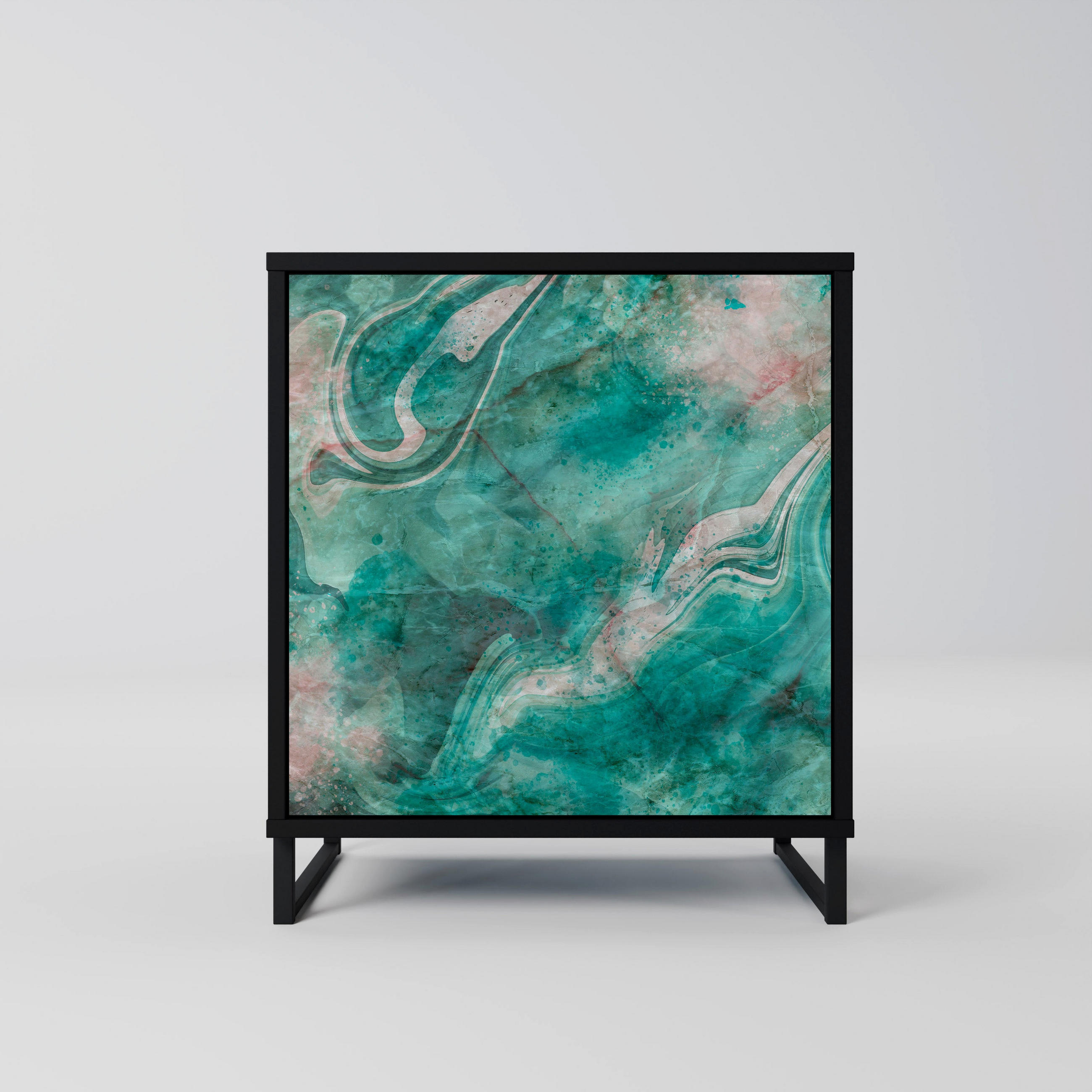 SIDEBOARD ABSTRACT ALCHEMY, Schwarz, 57,5x42x67,5 cm, Schwarze Metall-Rahmenfüße - Multicolor/Schwarz, Holzwerkstoff/Metall (57.5/67.5/42cm) - SpaceRebels
