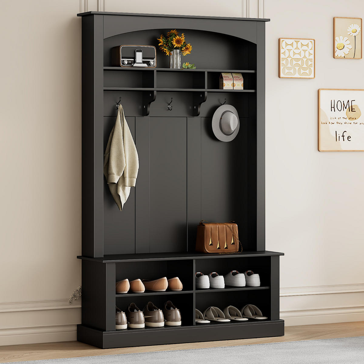 STANDGARDEROBE mit Sitzbank, 3 Haken und Schuhablage, Schwarz, 120/40/190 cm - Schwarz, Holzwerkstoff (120/190/40cm) - BEAOK