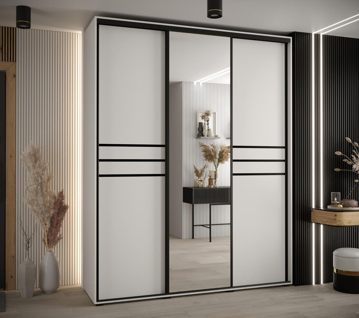 SCHWEBETÜRENSCHRANK 235,2/200/60 3-türig - Schwarz/Weiß, Holz/Metall (200/235/60cm) - Abiks Möbel