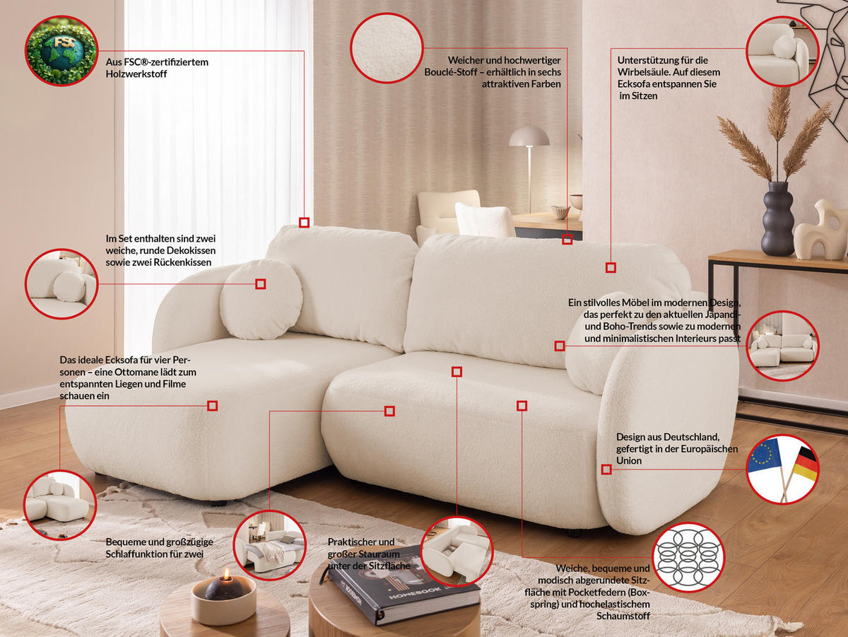 ECKSOFA Candy mit Schlaffunktion Hellbeige Bouclé-Stoff - Ottomane links - Beige/Schwarz, Holz/Kunststoff (230/146cm) - S-Style Möbel