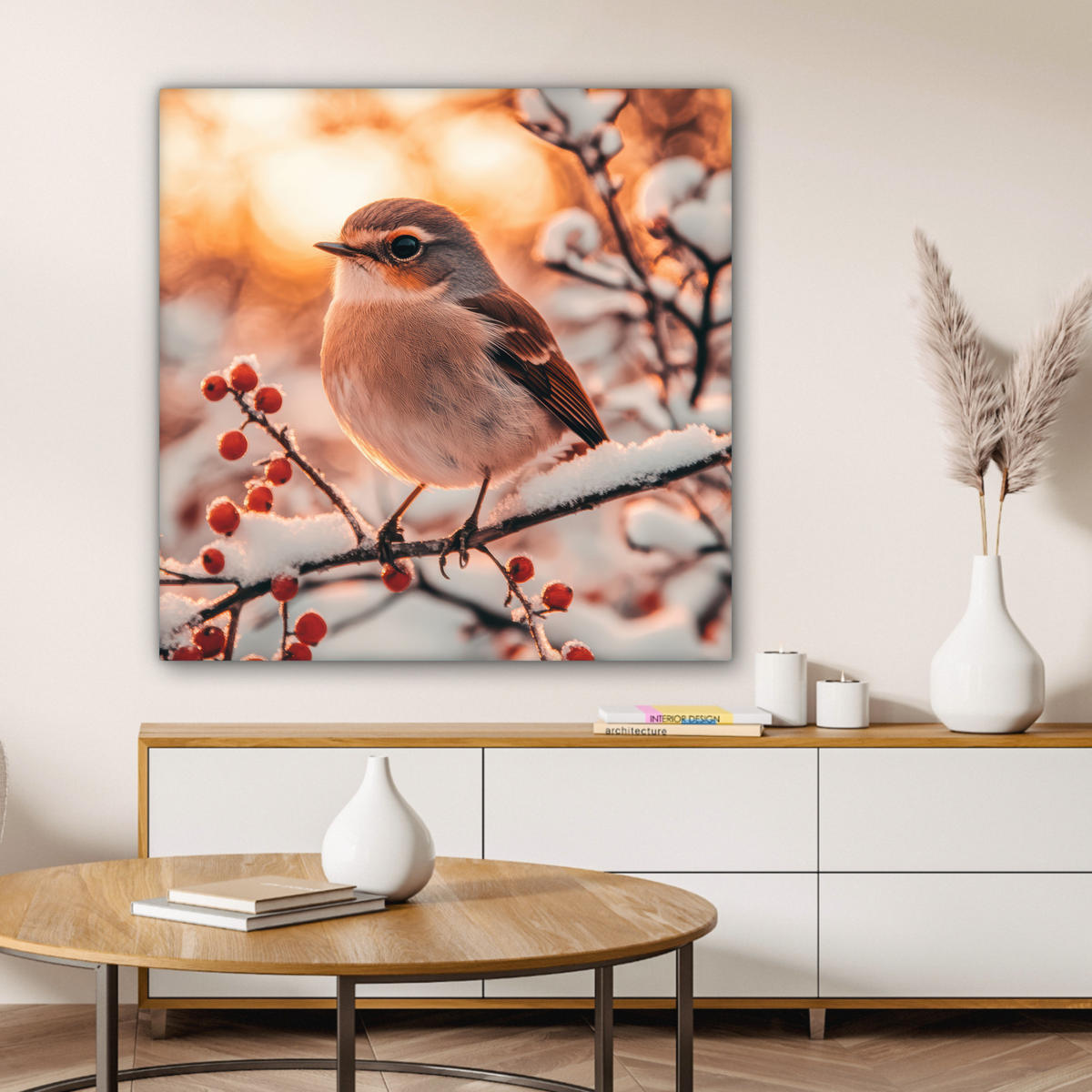 LEINWANDBILD Vogel - Zweig - Winter - Tiere - Schnee 90x90 cm - Bernsteinfarben, Textil (90/90cm) - MuchoWow