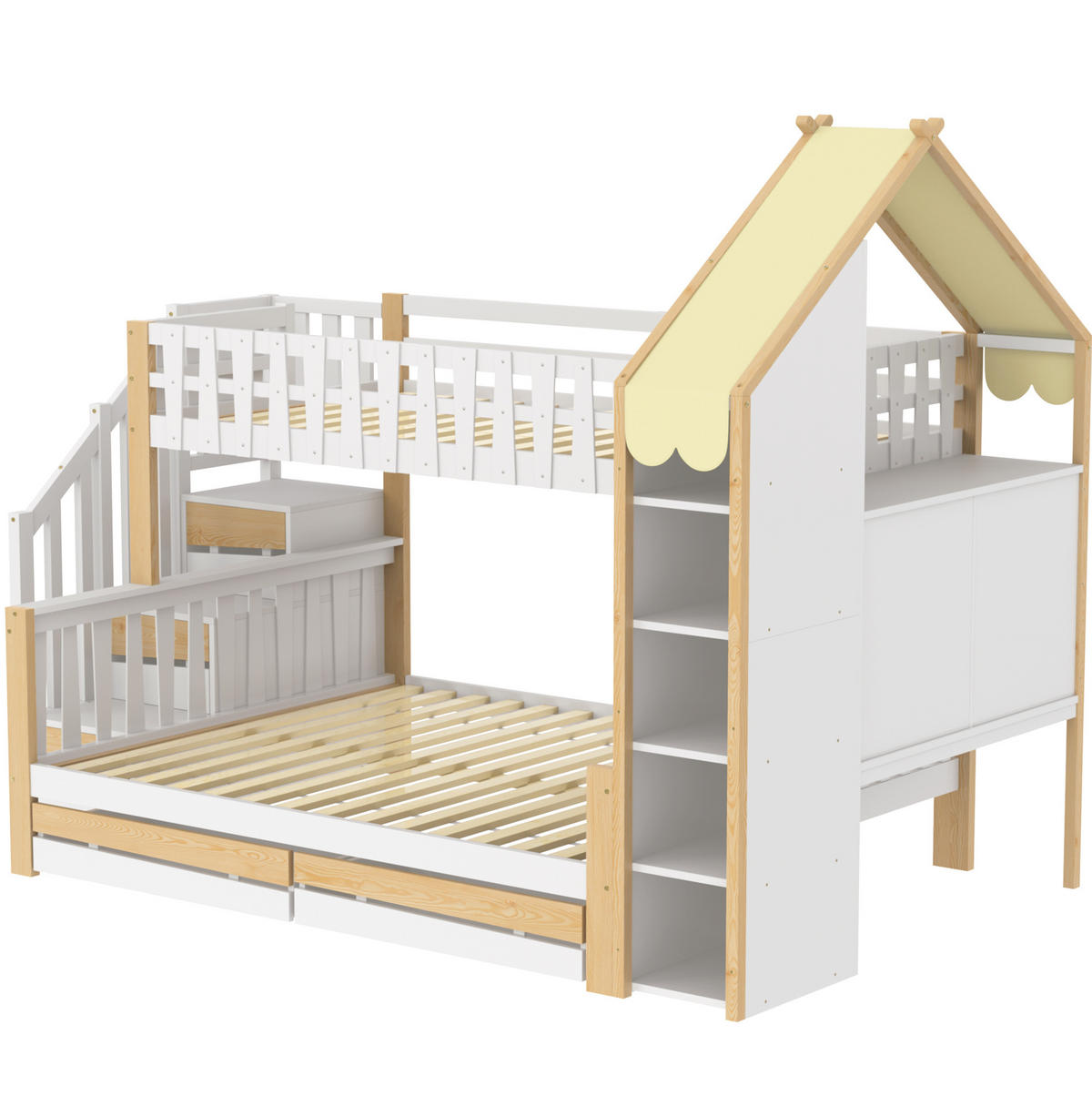 ETAGENBETT 90/200 + 140/200 cm mit Stauraumleiter, Hausdach und 2 Schubladen, Weiß/Natur - Weiß, Holz (90/200cm) - Redom