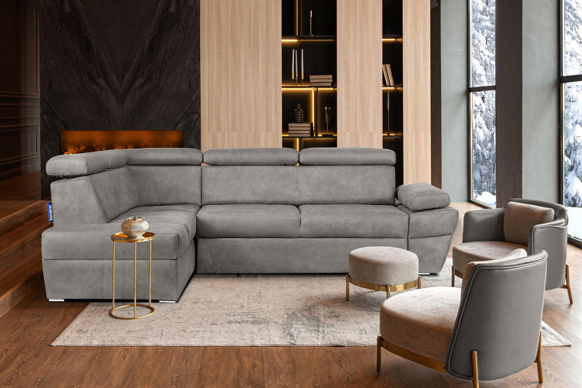 SCHLAFECKSOFA RATLO links 4/5-Sitzer mit Bettkasten in Lederoptik, silber - Silberfarben, Textil (270/190cm) - KONSIMO®