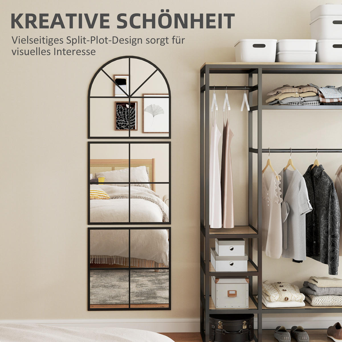 WANDSPIEGEL dreiteilig, bogenförmiger Spiegel mit Metallrahmen Hängespiegel - Schwarz, Glas (2/180/60cm) - HOMCOM