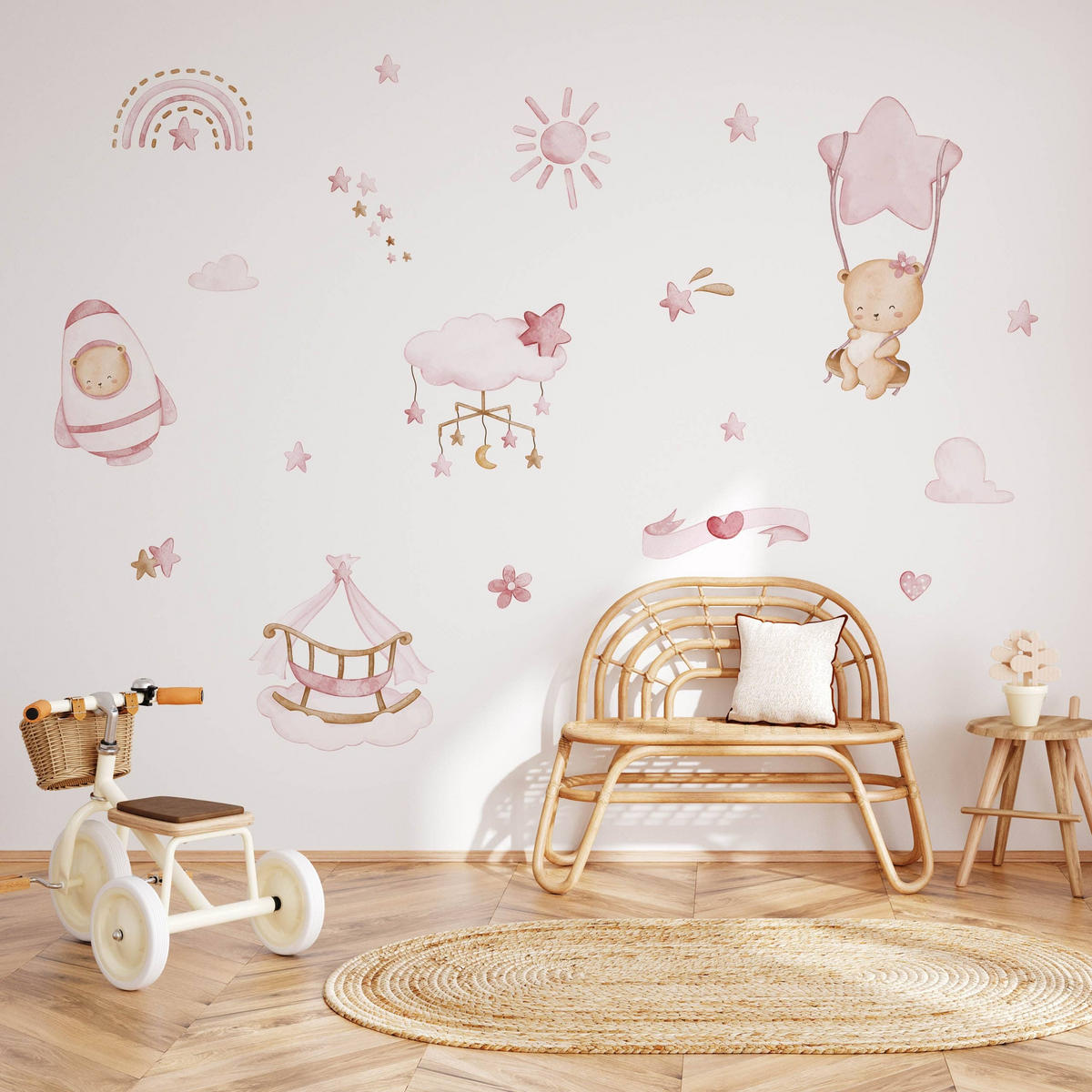 WANDTICKER Teddybären rosa Wolken Sterne 60x30 - Beige/Rosa, Papier (60/30/1cm) - Muralo